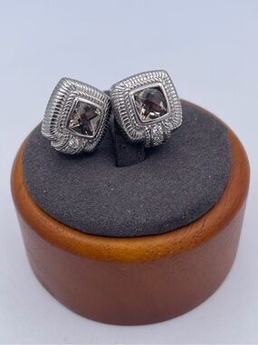 Judith Ripka 925 Sterling Silver Natural Smoky Quartz CZ Omega Earrings READ